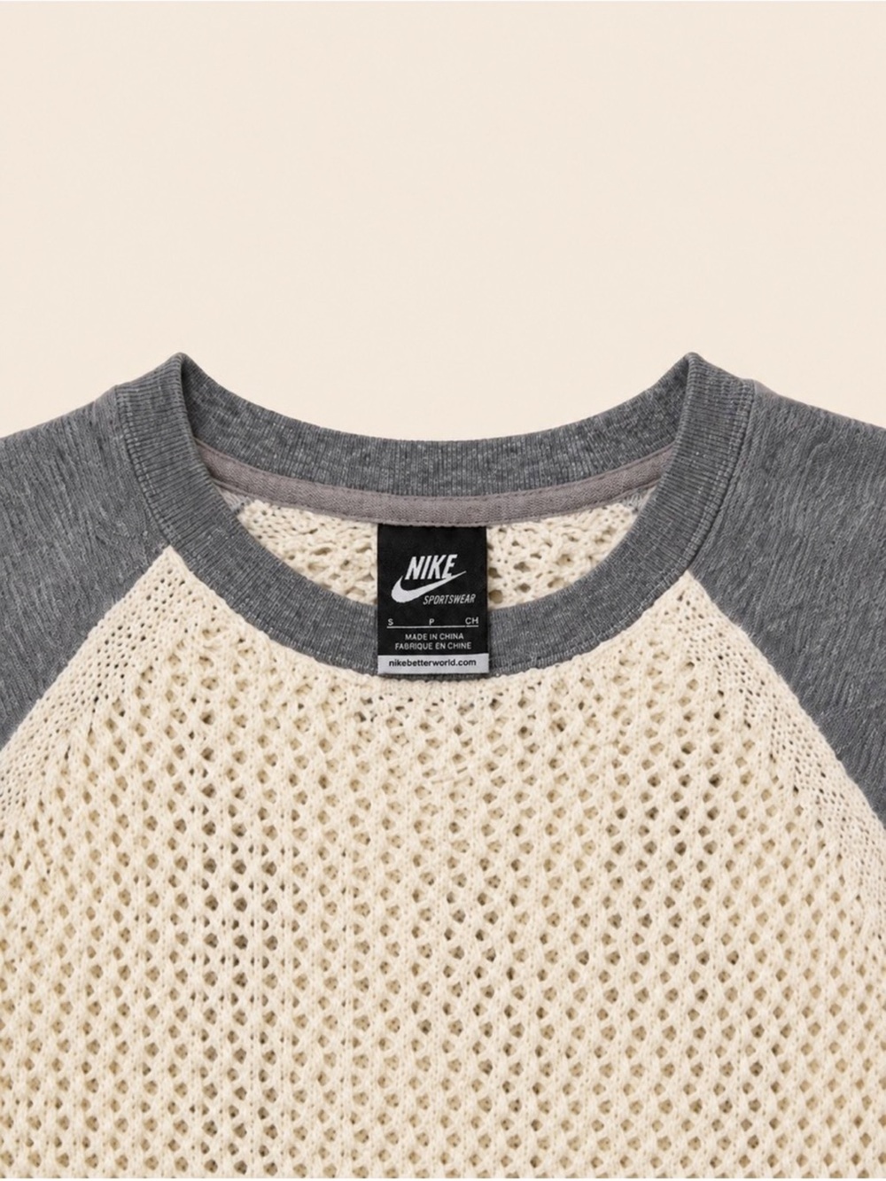 Nike NSW Mixed Media Open Knit Crewneck Sweater Gray Cream S - Picture 3 of 5